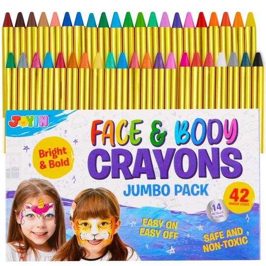 JOYIN; 42PCS Face and Body Paint Crayons, Face Painting Kit Safe and Non-Toxic Ultimate Party Pack Including 14 Metallic Colors for Birthday Makeup Party Supplies, Festivals, Gifts for Kids Girls Boys; Category:Painting; Image:1